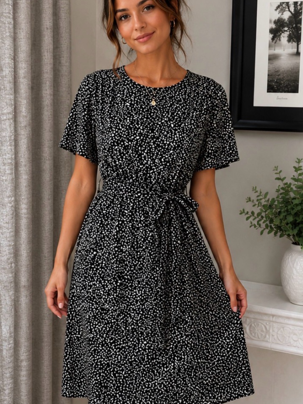 Women's Black & White Speckled Tie-Waist Dress